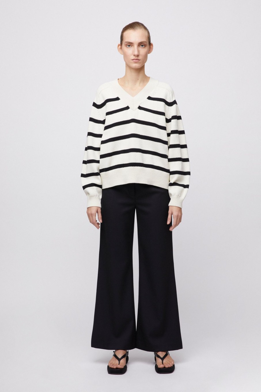 Women Fall Winter Spring Summer Sweaters & Cardigans | Bayside V-Neck Sweater Cream Black Stripe