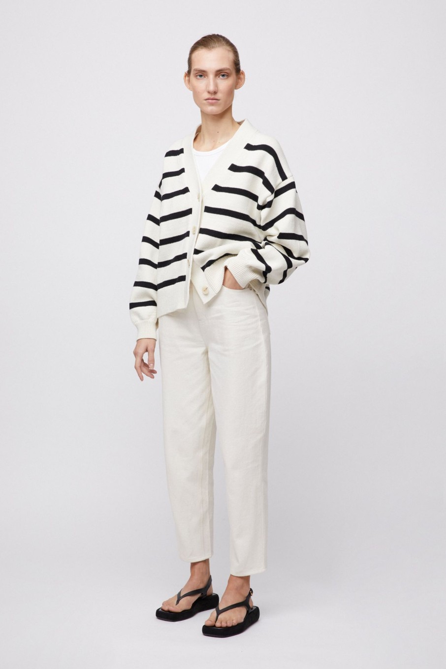 Women Fall Winter Spring Summer Basics | Cotton Mooring Cardigan Cream Black Stripe