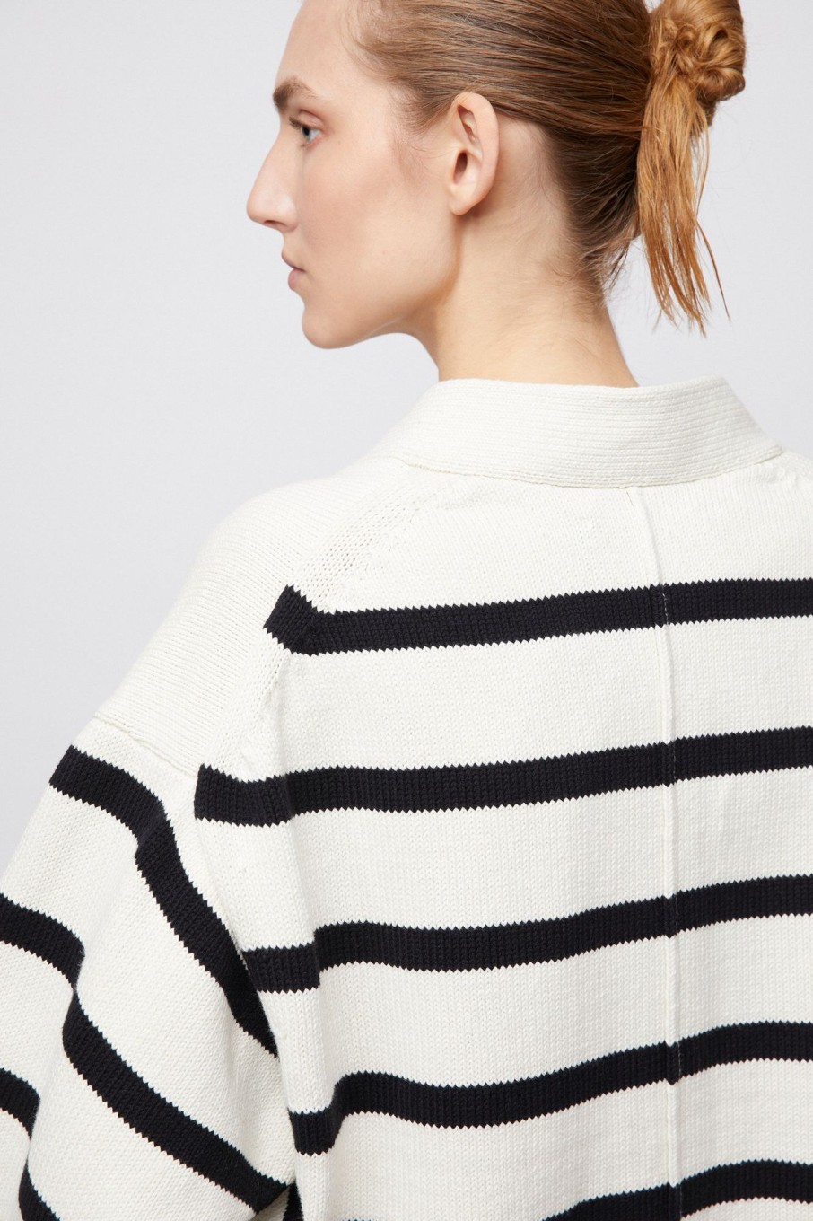 Women Fall Winter Spring Summer Basics | Cotton Mooring Cardigan Cream Black Stripe