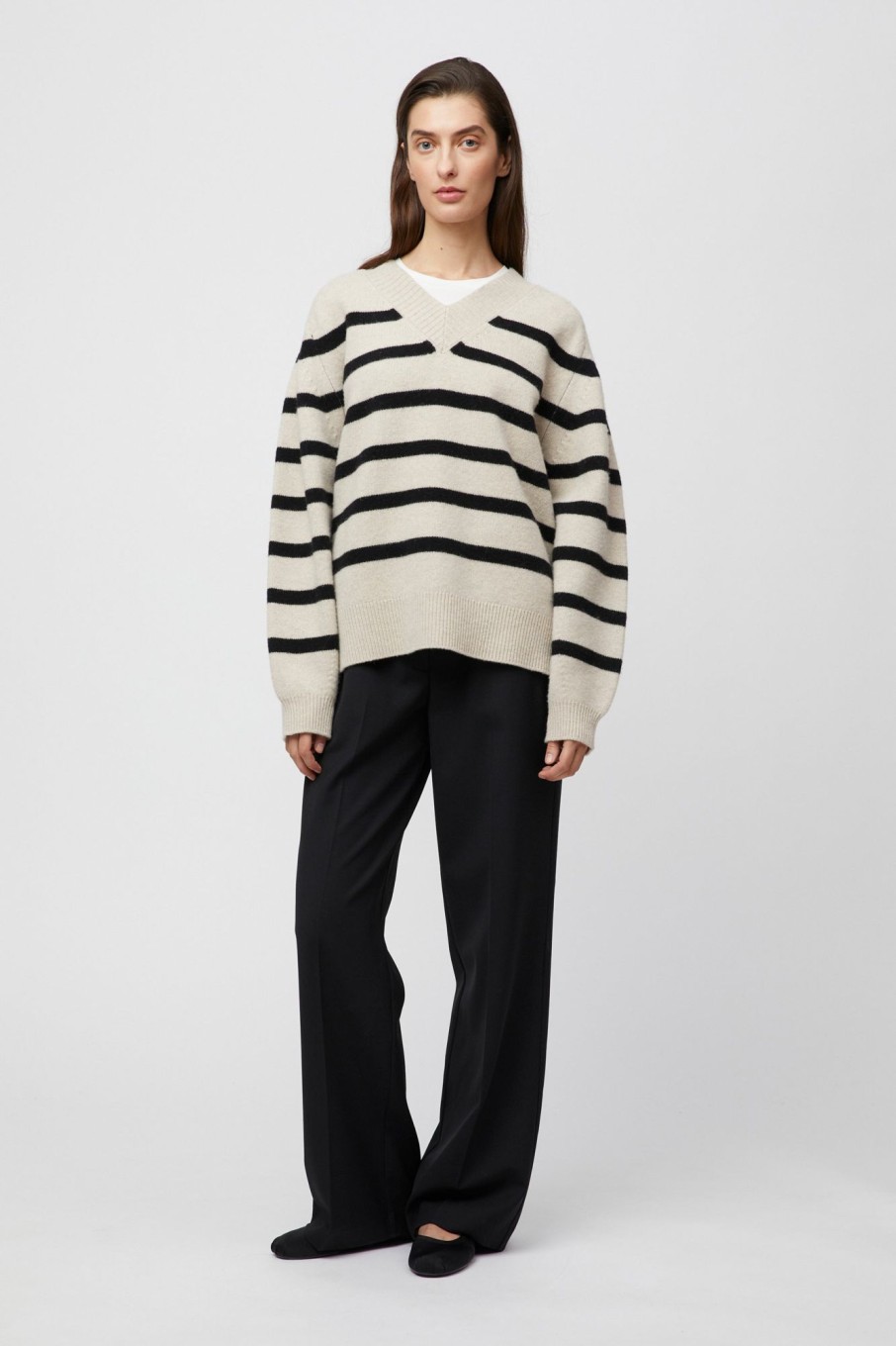 Women Fall Winter Spring Summer Sweaters & Cardigans | Nautical V-Neck Sweater Black Barley Stripe