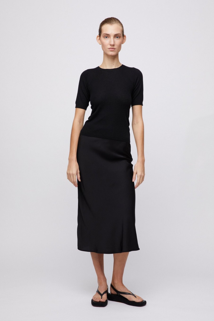 Women Fall Winter Spring Summer Basics | Bias Cut Slip Skirt Jet Black