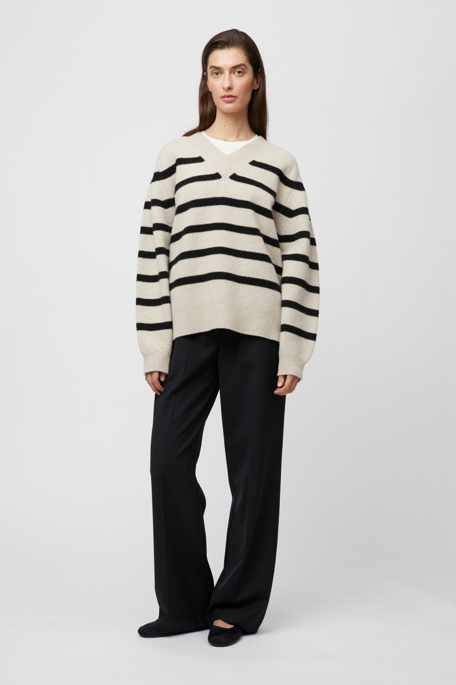 Women Fall Winter Spring Summer Tops | Nautical V-Neck Sweater Black Barley Stripe