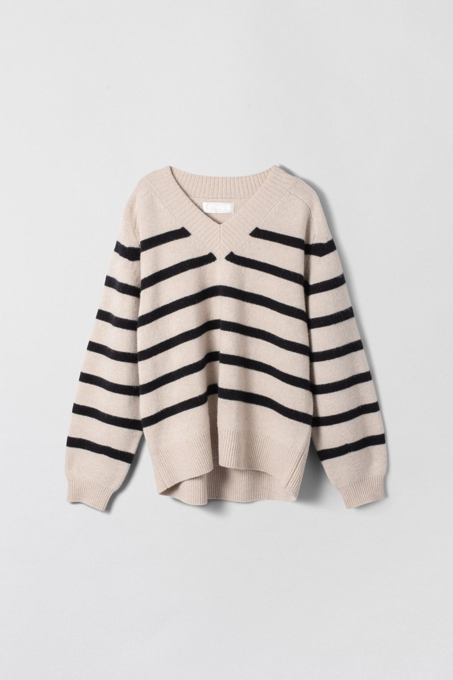 Women Fall Winter Spring Summer Basics | Nautical V-Neck Sweater Black Barley Stripe